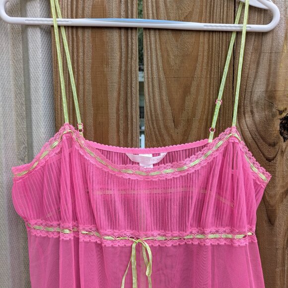 Victoria's Secret 2003 Large Sheer Pink Slip Dress Lingerie with Green Ribbon - Picture 2 of 3